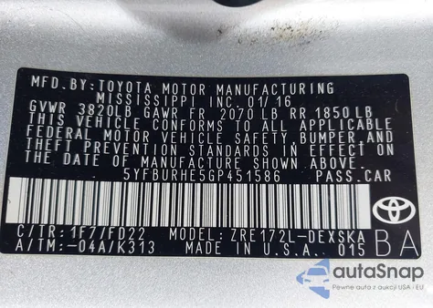 2016 Toyota Corolla S Plus z USA, uszkodzony, nr VIN 5YFBURHE5GP451586